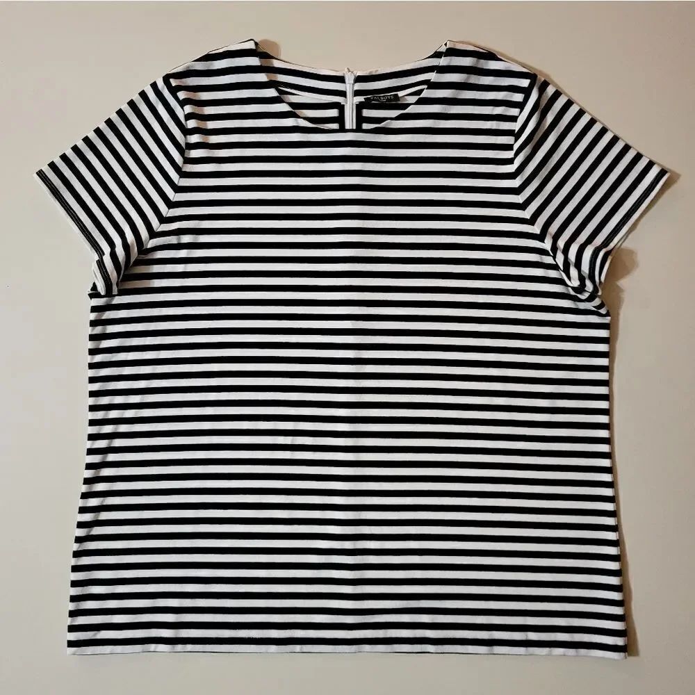 Talbots Women's Black Stripe Rayon Short Sleeve Roundneck Top